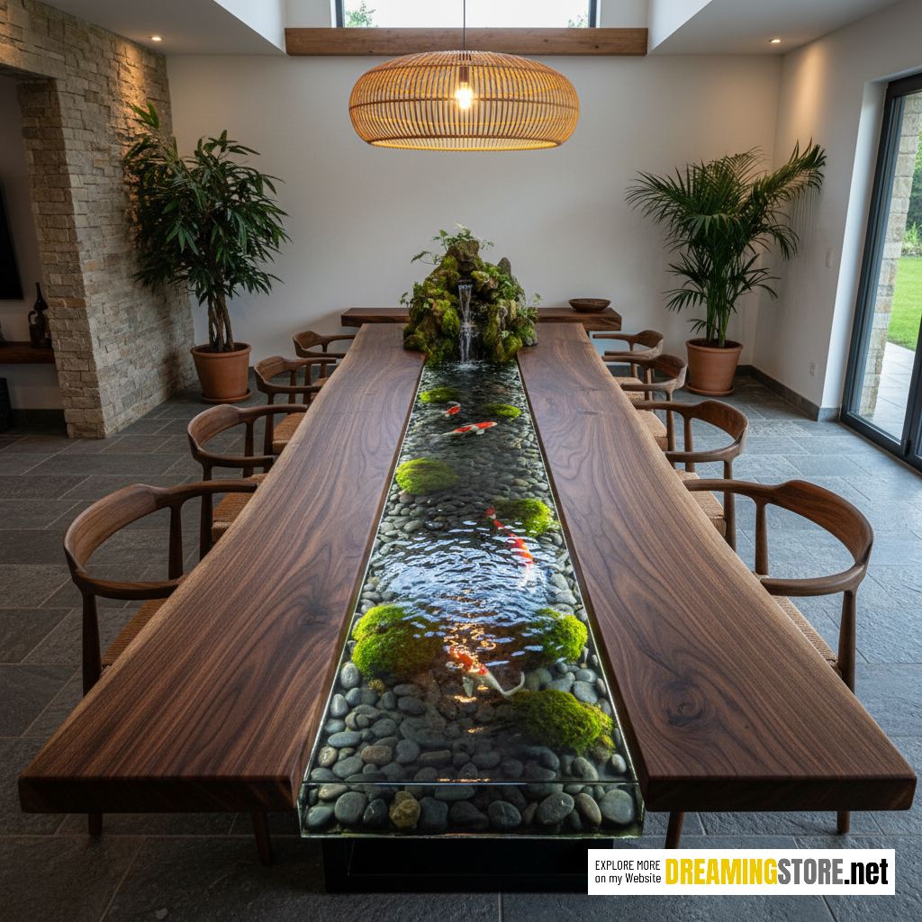 wooden dining tables that have built-in flowing rivers