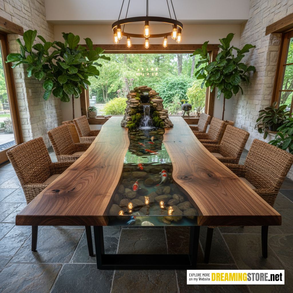 wooden dining tables that have built-in flowing rivers