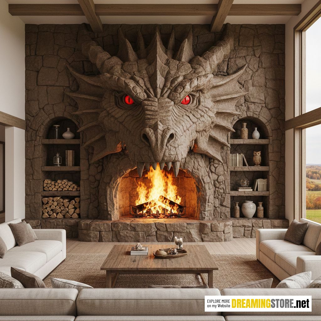 Stone dragon-shaped fireplace