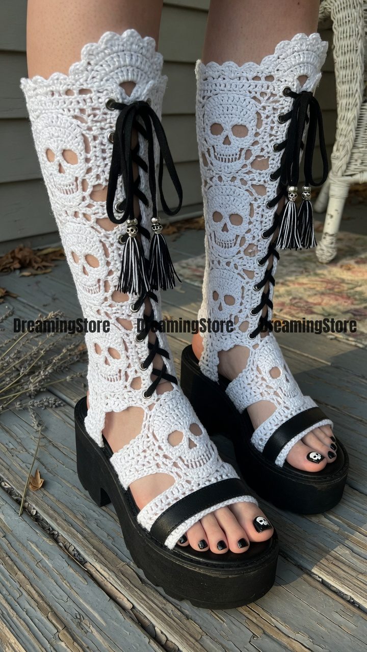 Skull crochet knee high sandals